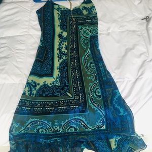 Silky aqua blue and teal paisley pattern dress